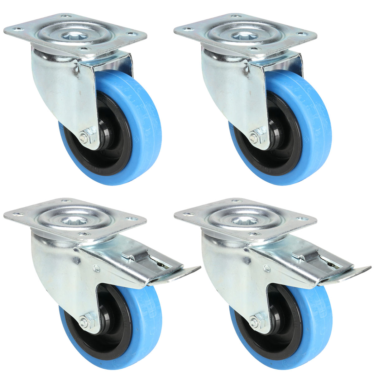 4 x Blå Hjul 100 mm (2 med og 2 uten brems)