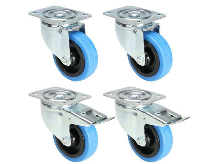 Kuljetuspyörät 100 mm, 4 kpl (2 jarruilla ja 2 ilman), sininen
