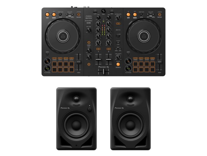 Pioneer DJ DDJ-FLX4 2-Channel DJ Controller and On-Ear Wireless Headphones  and DM-40D 4 Desktop Active Monitor Speaker Bundle