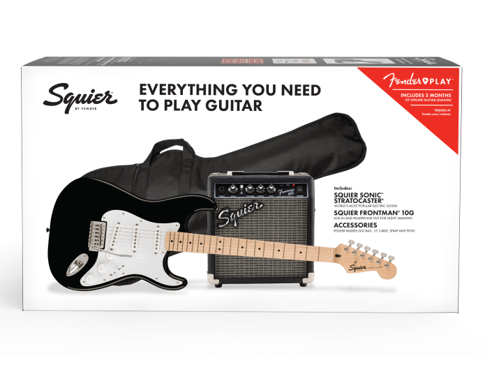 Squier Sonic Stratocaster El-guitar Startpakke (Sort) - El-guitar - SoundStoreXL.dk
