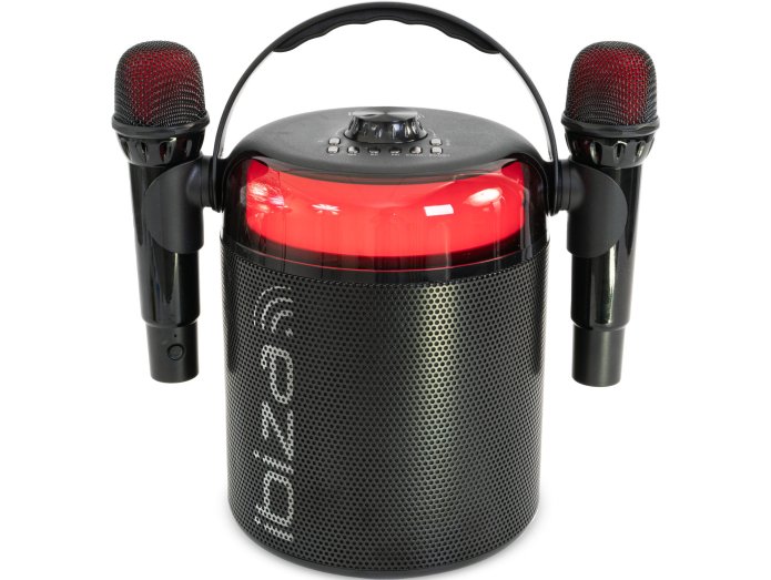 Ibiza Karaokejrjestelm, jossa on Bluetooth ja 2 mikrofonia (musta).