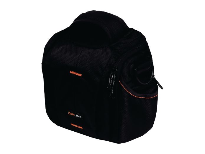 Camera shoulder bag 152x146x65mm, black/orange