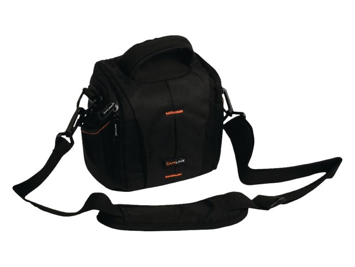 Camera shoulder bag 152x146x65mm, black/orange